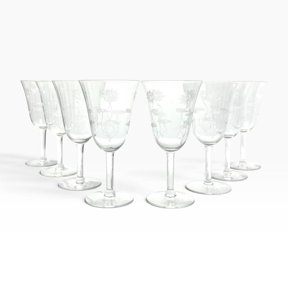 1910s Antique Fostoria “Lotus” Set of 8 Etched Optic Water Glasses 6 7/8” 9oz